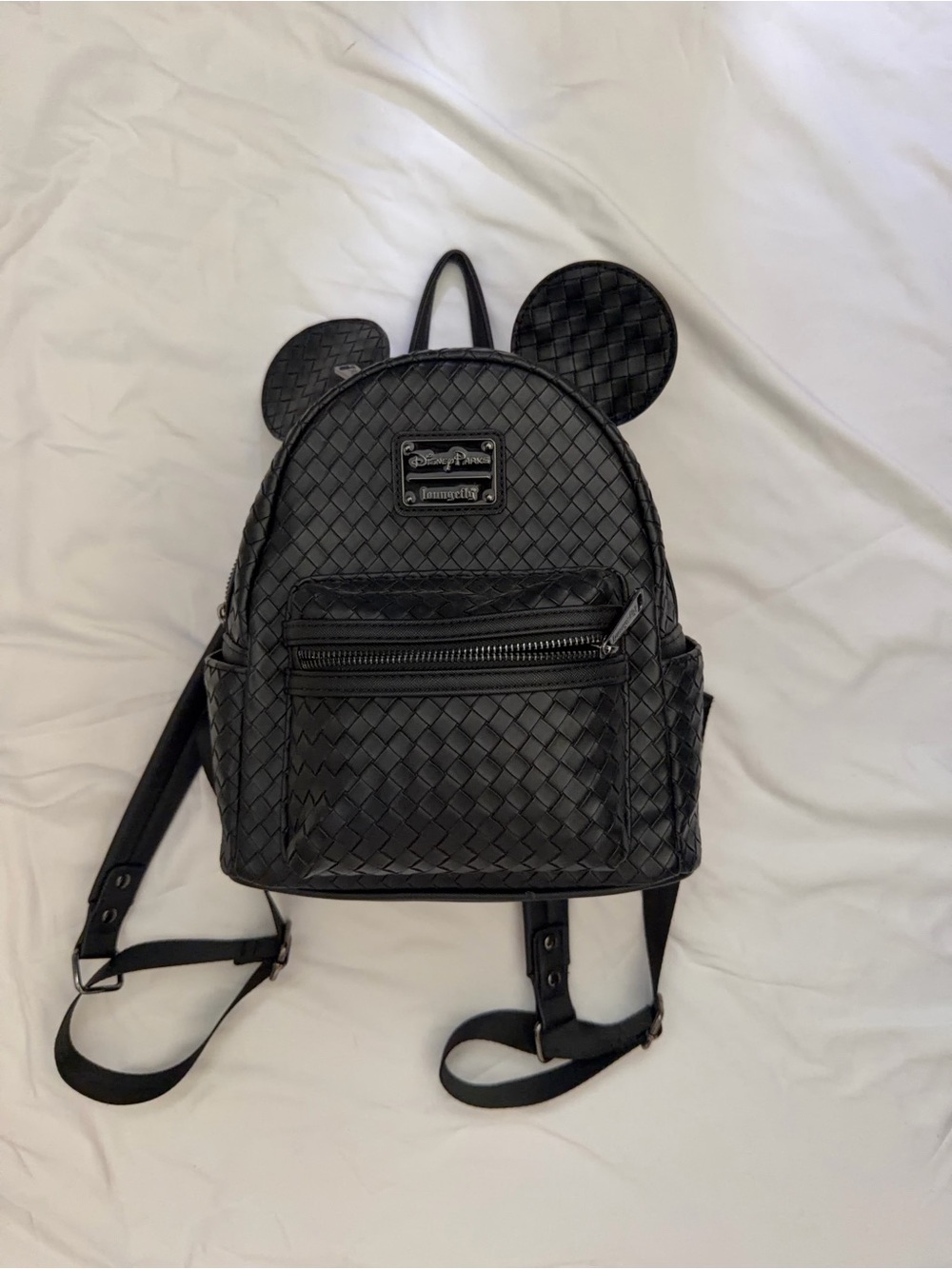 Disney Black Woven Faux Leather Mickey Ear Mini Backpack